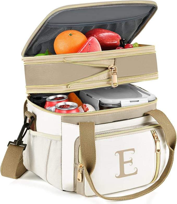 LOKASS Personalized Lunch Bag for Women Work, 16L Initial Insulated Lunch box for Adult/Womens Gift, Leakproof Personalized Gift Lunchbag with Adjustable Shoulder Strap, Cooler Bag Beige - E