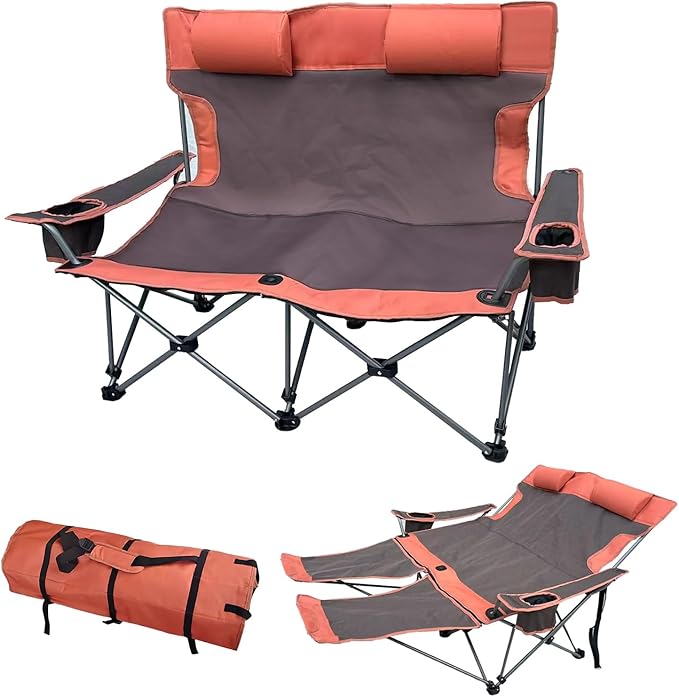 Double Camping Chair with Headrest and Footrest, 2 Person Folding Camping Loveseat Recliner, Portable Outdoor Loveseat Camping Chair with Cup Holder Armrest