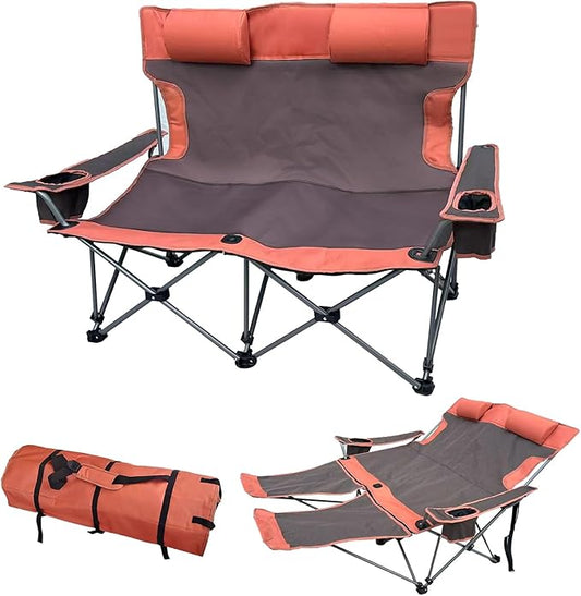Double Camping Chair with Headrest and Footrest, 2 Person Folding Camping Loveseat Recliner, Portable Outdoor Loveseat Camping Chair with Cup Holder Armrest