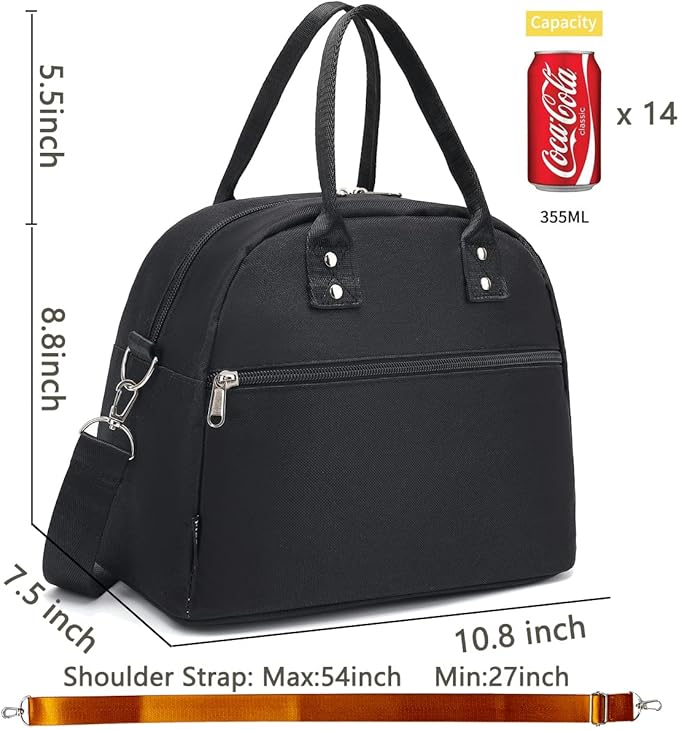 FlowFly Insulated Lunch Bag With Shoulder Strap for Women, Men, and Kids, Large and Reusable, Handle, Freezable Work and School Travel Tote and Meal Prep Organizer (Black)