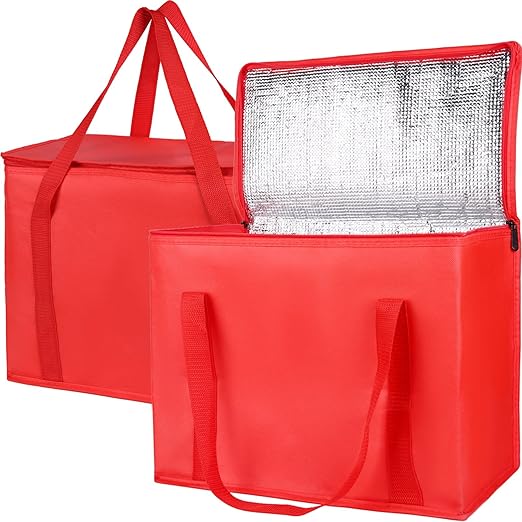 Bodaon 2-Pack Insulated Reusable Grocery Bag with Zippered Top, X-Large Insulated Food/Pizza Delivery Bag, Frozen Foods Cold, Cooler Shopping Bags, Red