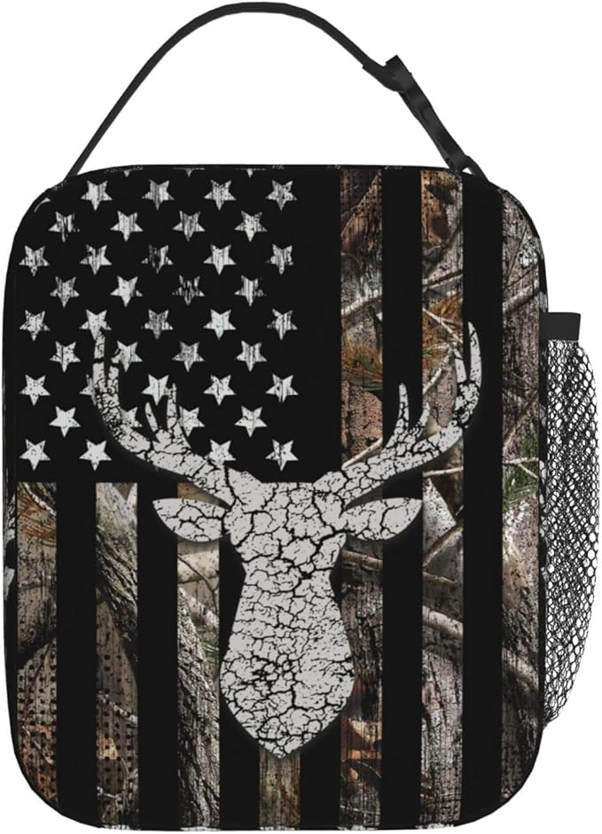 SARA NELL Hunting Camo Deer Insulated Lunch Bag Camouflage American Flag Lunch Cooler Box for Women Men Teens Kids, Reusable Lunch Tote Bag, Insulated Lunch Bags for Work, Picnic, School or Travel