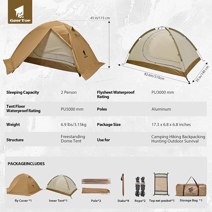 GEERTOP Ultralight 2 Person Backpacking Tent 4 Season Waterproof Camping Tent Double Layer Cold Weather Easy Set Up Tents for Family Camp, Hiking, Hunting Outdoor Mountaineering Travel