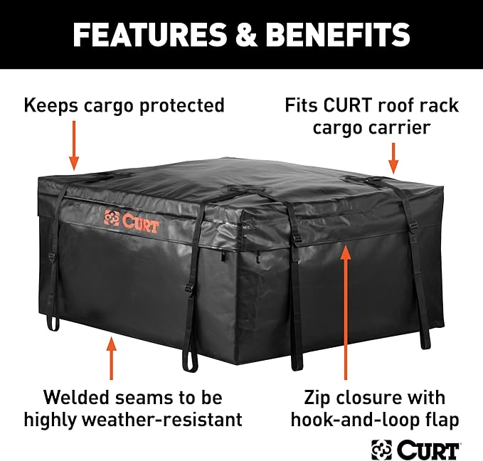 CURT 18220 38 x 34 x 18-Inch Weather-Resistant Black Vinyl Cargo Bag for Roof Basket