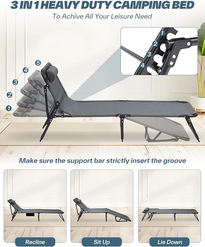 Sportneer Sleeping Cots for Adults: 5-Angle Adjustable Folding Bed with Thick Mattress - 450lbs Max Load Padded Camping Cot with Easy Setup & Takedown for Outdoor Travel Sleep Over, Size 76''x27''