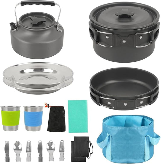 Portable BBQ Grill Cookware Set: GEEKHOM 20PCS Stainless Steel Camping Pots and Pans, Compact Foldable Design with Carrying Tote for Hiking,Camping, Backpacking, Picnic(2-3 Person)