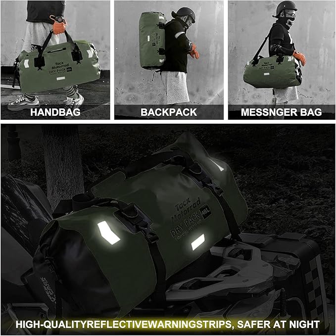 Waterproof Duffel Bag for Men/Women, Roll-top Dry Backpack Duffel Bag with Quick-fixed Straps, Motorcycle Tail Saddle Bag for Motorcycling, Rafting, Boating, Kayaking, Travel, 66L-Green