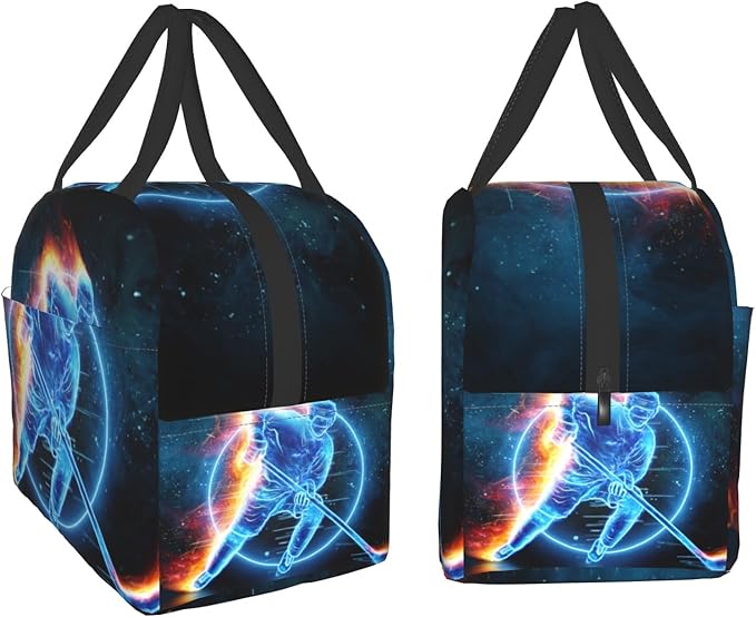 Giwawa Ice Hockey Lunch Bag for Kids Teens Red Fire Player Insulated Lunch Box with Front Pocket Reusable Thermal Cooler Lunch Tote Bag for Girls Boys School Students Men Women Picnic