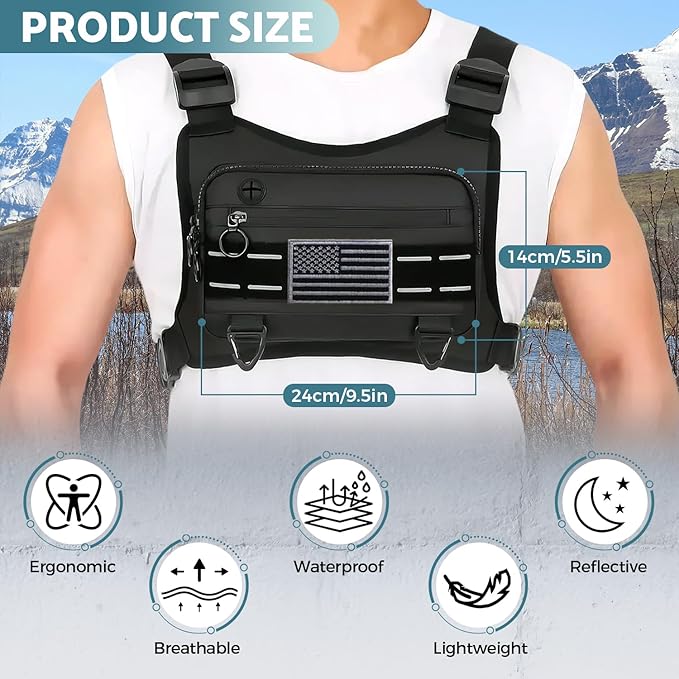 Sports Chest Bag For Men, Water Resistant Lightweight Front Running Vest Bag With Built-In Phone Holder & Extra Storage For Workouts, Cycling (Black)