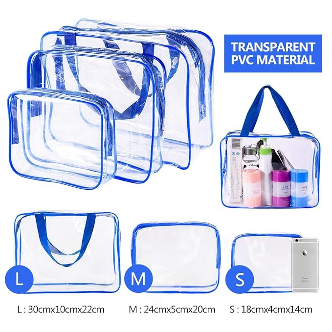 4Pcs Crystal Clear PVC Travel Toiletry Bag Kit for Women Men, Waterproof Vinyl Packing Organizer Storage Bags with Zipper Handle Straps, Cosmetic Pouch Carry on Airport Airline Compliant Bag Handbag