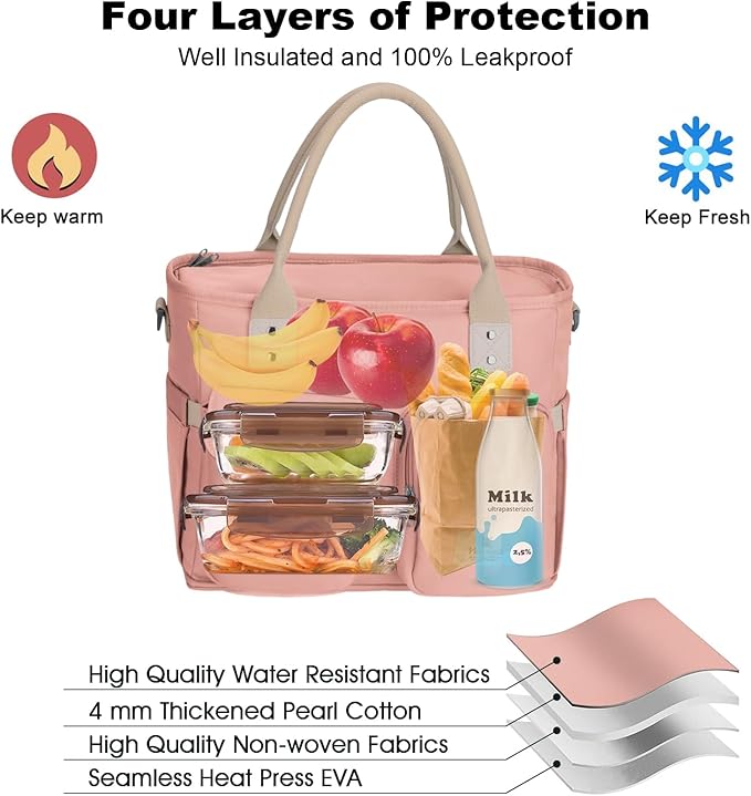 Hafmall 16L Large Pink Lunch Bag for Women, Loncheras para Mujer, Insulated Adult Lunch Tote Box for Work, 4.5Gallon