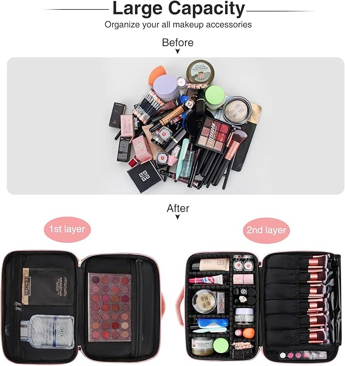 Relavel Travel Makeup Train Case Makeup Cosmetic Case Organizer Portable Artist Storage Bag with Adjustable Dividers for Cosmetics Makeup Brushes Toiletry Jewelry Digital Accessories