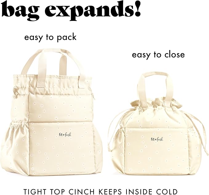 Fit & Fresh Lunch Bag For Women, Insulated Womens Lunch Bag For Work, Stain-Resistant Large Lunch Box For Women With Containers, Cinch Closure Cromwell Bag, Ivory Daisies