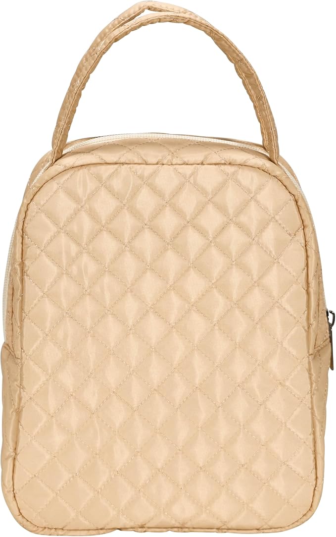 Machine Washable Women Quilted Fabric Insulated Reusable Cooler Lunch Bag Tote Adult Thermal Lunch Box Storage Bag for Ｗork (Beige)
