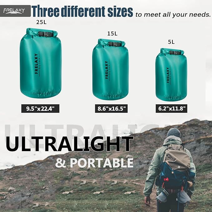 Frelaxy Waterproof Dry Bag 2 Pack/3 Pack, Lightweight Portable Dry Bags, 5L & 15L & 25L Durable Dry Sack Set Keep Gear Dry for Hiking, Camping, Boating, Backpacking, Kayaking (3 Pack - Turquoise)