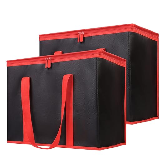 Bodaon 1-Pack Insulated Reusable Grocery Shopping Bags, X-Large Picnic Cooler Bag with Zipper Zippered Top Cold, Insulated Food/Pizza Delivery Bag (Black-Red Edge)