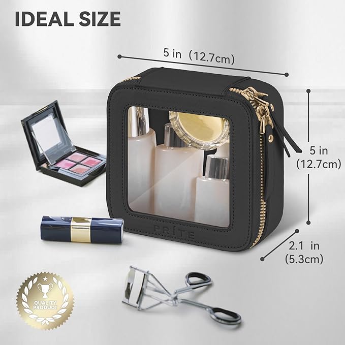 Prite Mini Clear Makeup Bag for Purse Cute Small Travel Cosmetic Bag for Women Waterproof Toiletry Bag Leather Makeup Pouch with Gold Zipper(Black)