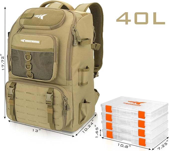 KastKing Karryall Fishing Tackle Backpack with Rod Holders 4 Tackle Boxes,40L Fishing Bag Storage Fishing Gear and Equipment