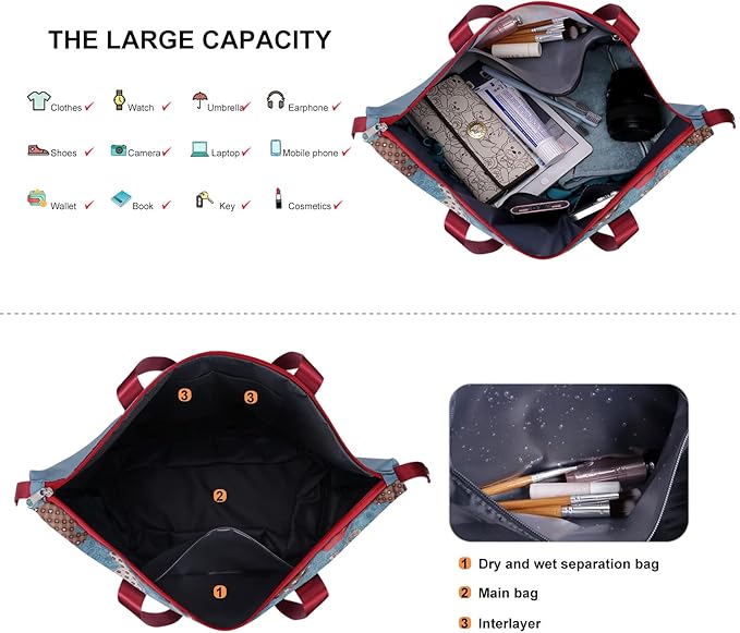 Womens Travel Duffel Bag Lightweight Sport Gym Bag Waterproof Weekender Overnight Bag with Wet and Dry Separation Pocket for Gym Training Yoga Fitness Swimming