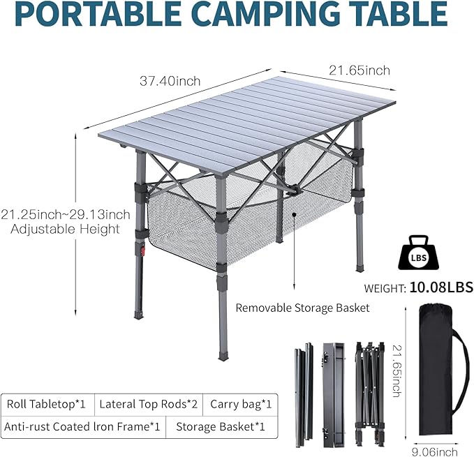 Portable Camping Table with Adjustable Height Legs, Lightweight Aluminum Roll-up beach tables for sand foldable，Folding Picnic Table Large Storage Basket for Outdoor camping (Black, Medium 37")