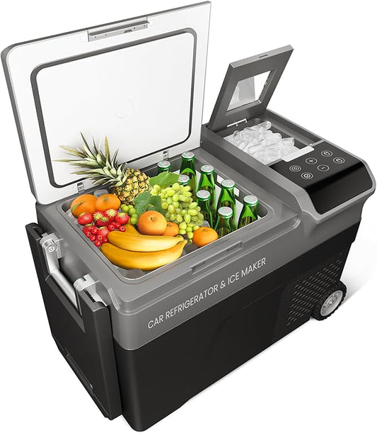 12 Volt Car Refrigerator with Ice Maker, 40QT Car Compressor Cooler with Wheels, APP Control Portable Refrigerator -4℉-68℉ with AC & DC Charger, Car Freezer for Travel, Home, Camping, Outdoor
