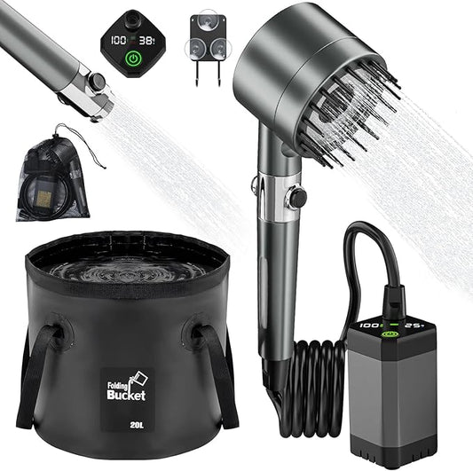 Portable Shower for Camping 6000mAh Rechargeable Shower Pump with Intelligent LED Display & 20L Foldable Bucket 4 Spray Modes Outdoor Shower Head IPX7 Waterproof for Hiking, Travel, Car, Pet, Beach