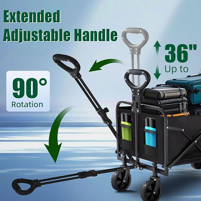 Collapsible Wagon Cart Foldable 37" L 420lbs Capacity, Heavy Duty Beach Wagon, Shopping Carts with Wheels for Grocery, Camping, Shopping, Beach, Fishing, Garden Cart