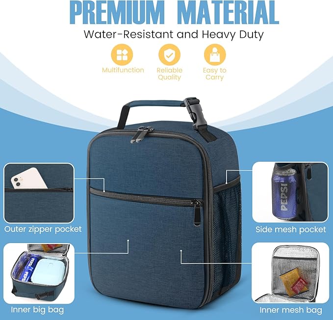 Lunch Bag for Men/Women, Reusable Lunchbox for Adult, Small Insulated Lunch box, Lunch Tote Bag for Office, Work, Picnic - Blue