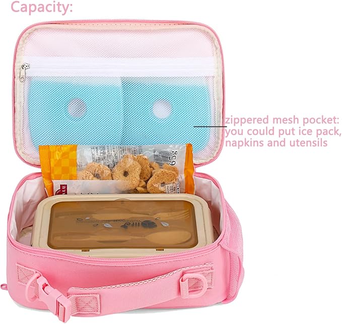 FlowFly Kids Lunch Bag, Durable Insulated School Lunch Box with Shoulder Strap and Bottle Holder, Water-resistant Thermal Small Lunch Cooler Tote for Teen Boys & Girls,Pink