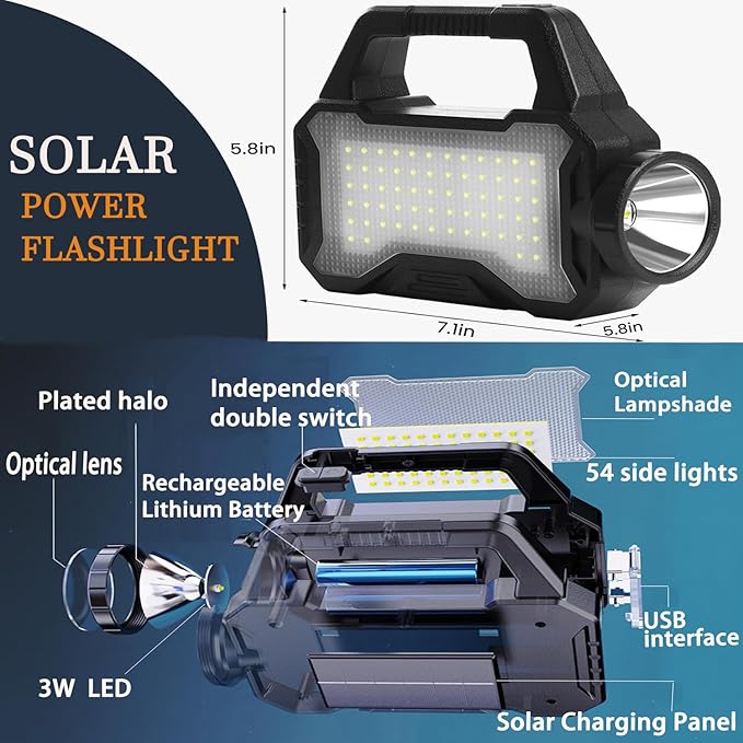 Solar Flashlights for Emergencies,LED Solar Camping Lights,Capacity Battery for Quick Charging,Multi-Functional Flashlights for Emergencies,Perfect for Power Outages,Outdoor Camping,and Hiking-1PCS