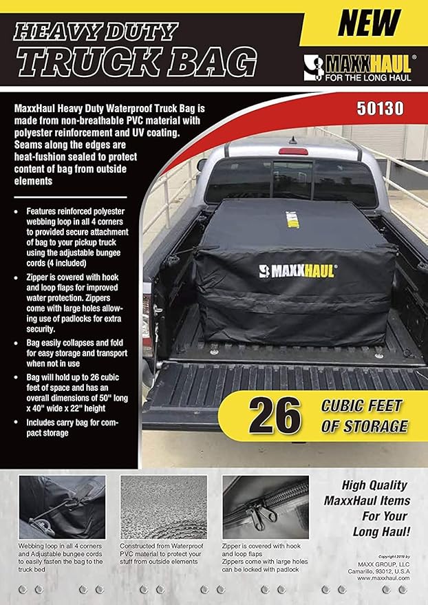 MaxxHaul 50130 Cargo Truck Bag - Heavy Duty and Water Resistant for Pick Up Truck or SUV's - 50" x 40" x 22" Black