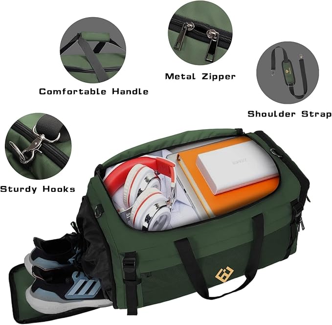 Eackrola Extra Large Sports Gym Bag, Travel Duffel bag with Wet Pocket & Shoes Compartment for men women, 85L, Lightweight （Green）