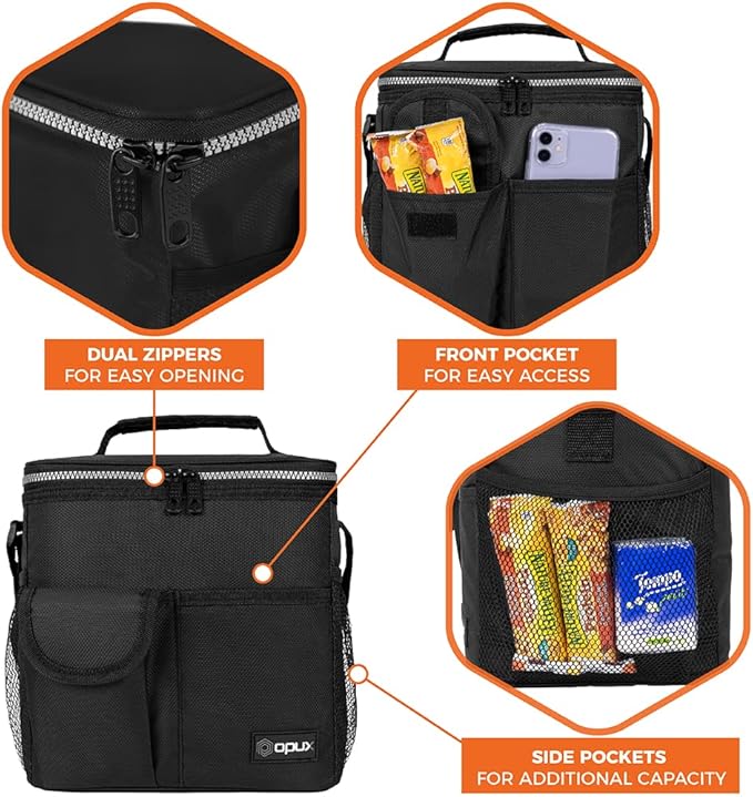 opux Insulated Lunch Bag for Men Women, Leakproof Black Lunch Box for Work, Portable Soft Lunch Cooler Bag with Shoulder Strap, Adult Lunchbox Lunch Pail for Kid Boy Girl School, 18 Can/10L