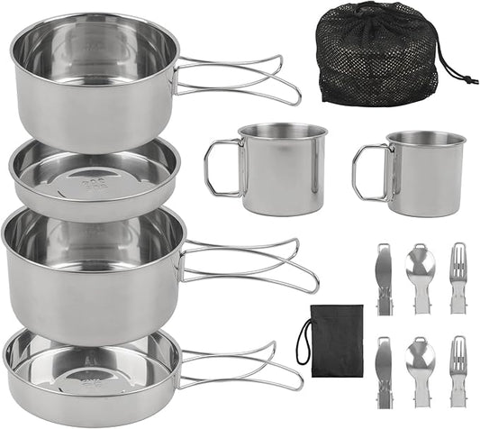 Camping Cookware Mess Kit Outdoor: GEEKHOM 14PCS Stainless Steel Camping Pots and Frying Pans, All-in-One Portable Camp Cookset Grilling Tools for Backpacking & Campfire (1-2 Person)