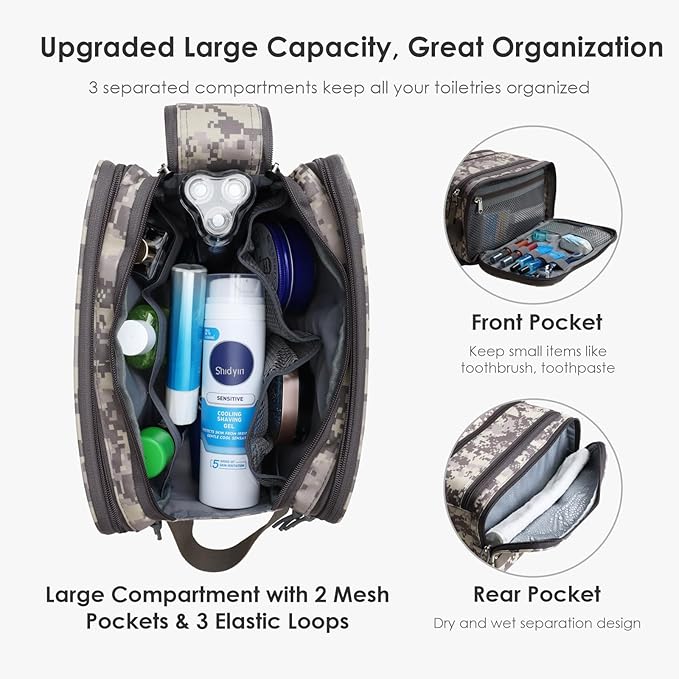 TACTICISM Toiletry Bag for Men - Extra Large Dry Wet Separate Bathroom Bag, Tactical Molle Dopp Kit for Men, Water-Resistant Mens Shower Bag for Travel, ACU Camo