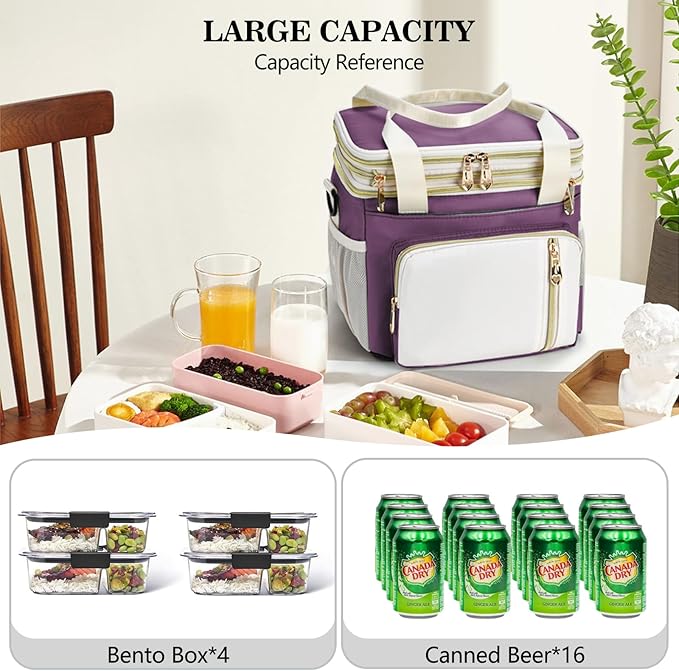 Lunch Box & Lunch Bag for Women, Large Insulated Adult Lunch Box Leakproof Lunchbox Cooler Bag for Work Picnic Beach,16L, Pink-purple & White