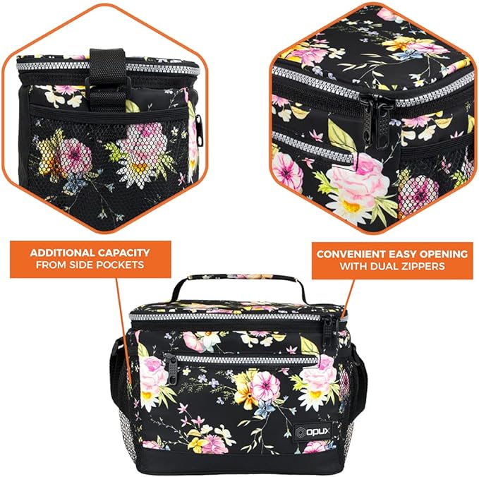 opux Insulated Lunch Box Men Women, Lunch Bag for Work School, Leakproof Soft Cooler Tote Adult, Large Lunch Pail Kids Boys Girls, Picnic Beach Food Bag with Shoulder Strap, Black Floral