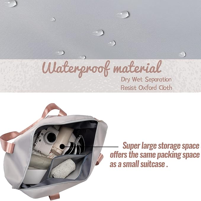 Large Travel Duffel Bag with Shoe Compartment, Gym Tote Carry on Bags for women, Lightweight Duffel Bags with Trolley Sleeve fit for Travel and Sport(Grey)