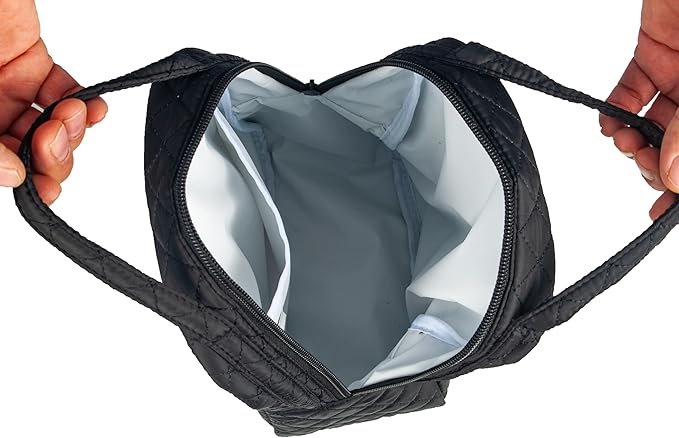 Machine Washable Women Quilted Fabric Insulated Reusable Cooler Lunch Bag Tote Adult Thermal Lunch Box Storage Bag for Ｗork (Black)