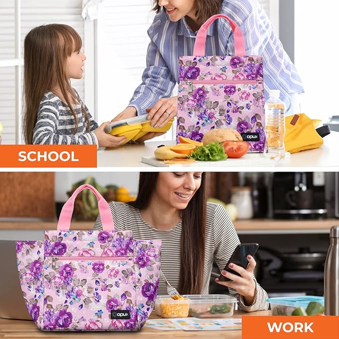 opux Lunch Bag for Women, Insulated Lunch Box Tote for Girls Kids Adult School Work, Reusable Womens Lunch Tote for Office Travel, Cute Small Lunch Tote, Fits 12 Cans - Pink Floral Purple