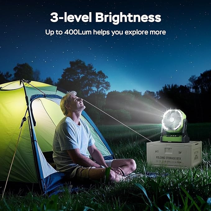 Portable Battery Operated Fan, 20000mAh Rechargeable Camping Fan, 58H Cooling, Tilt Head, 4 Speed Floor Fan with LED Light and Hook for Tent Car Travel Jobsite Fishing Outdoor Hurricane Power Outage