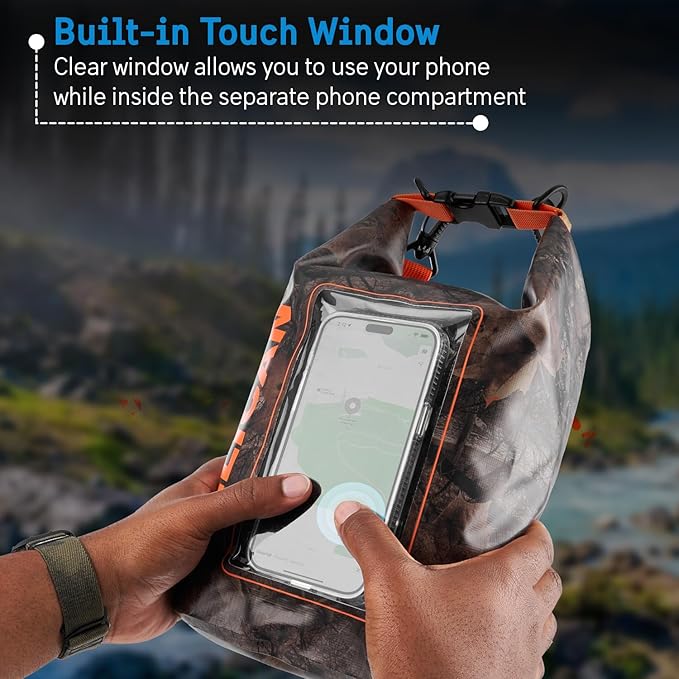 Pelican Marine IP68 Waterproof Dry Bag 5L - Roll Top Waterproof Backpack w/Phone Case/Pouch - Boating & Kayak Accessories - Essentials for Camping Swimming Beach Fishing Rafting Travel - Hunter Camo