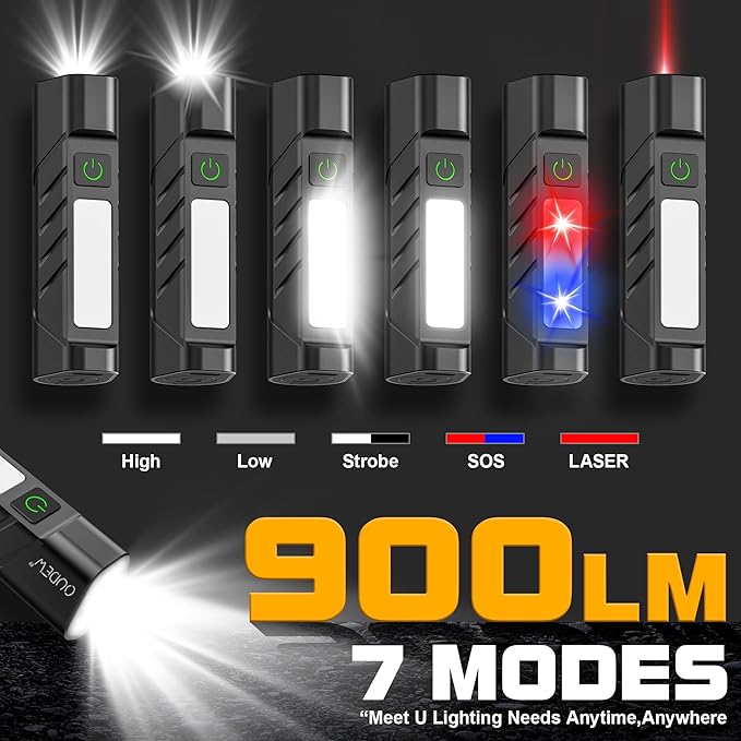 Rechargeable EDC Flashlight with Red Beam and White LED Combo, 900 Lumens Portable Pocket Lights, USB-C Charging, IPX4, Triple Sources for Outdoors Emergency Working (Black)