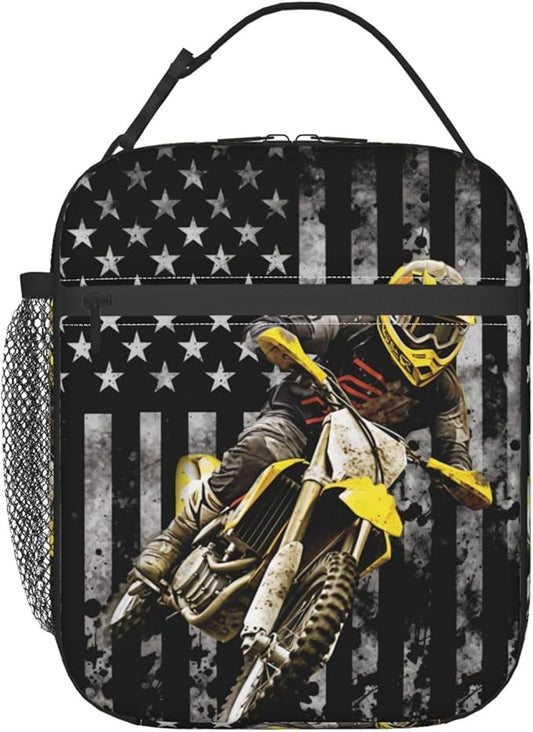 American Flag Motorcycle Lunch Bag Insulated Reusable Lunch Box Thermal Cooler Tote For Men Women Work Travel Picnic Hiking
