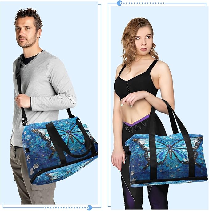 Blue Dream Butterfly Travel Duffel Bag Waterproof Gym Sport Tote Bag Carry On Weekender Bag with Compartment