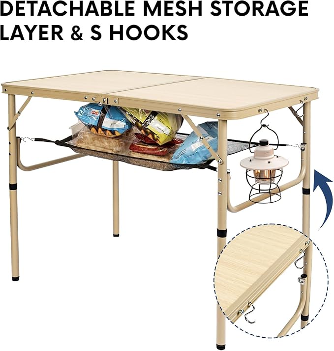 Folding Table 3FT Camping Table 2 Adjustable Height Lightweight Portable Aluminum Mini Foldable for Picnic Beach Indoor Outdoor, Yellow