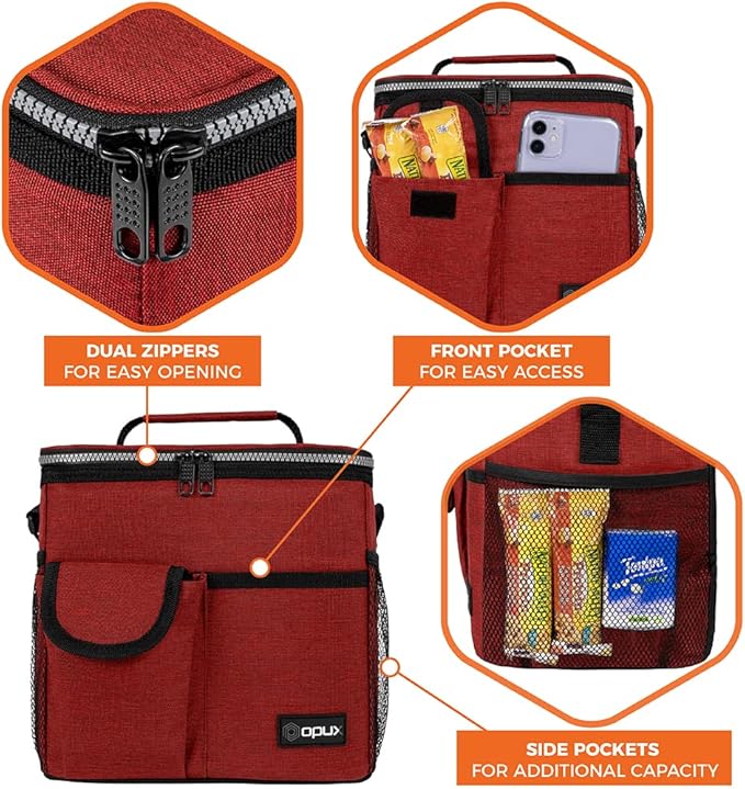 opux Insulated Lunch Bag for Men Women, Leakproof Heather Red Lunch Box for Work, Portable Soft Lunch Cooler Bag with Shoulder Strap, Adult Lunchbox Lunch Pail for Kid Boy Girl School, 18 Can/10L