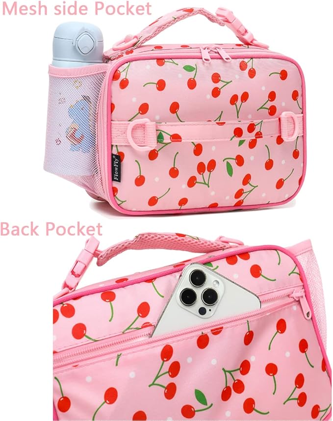 FlowFly Kids Lunch Bag, Durable Insulated School Lunch Box with Shoulder Strap and Bottle Holder, Water-resistant Thermal Small Lunch Cooler Tote for Teen Boys & Girls,Cherry