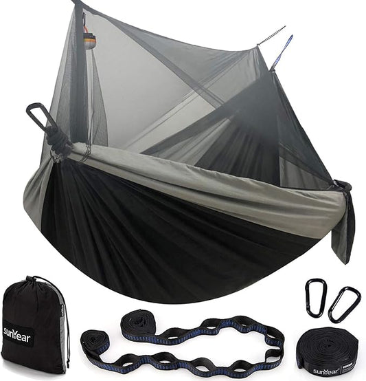 Sunyear Hammock Camping with Rain Fly Tarp and Net, Portable Camping Hammock Double Tree Hammock Outdoor Indoor Backpacking Travel & Survival, 2 Tree Straps,100% Waterproof