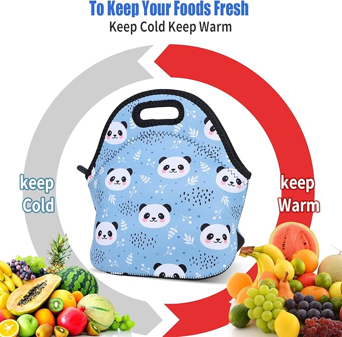 Violet Mist Panda Neoprene Lunch Bag for Women Kawaii Cute Insulated Lunch bags Handbag Reusable Lunch Box Gift for Women Work Picnic Office Christmas Gift